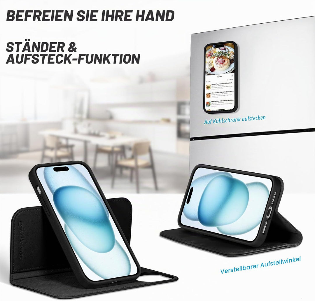 SHIELDON Hülle für iPhone 15, Echtleder Handyhülle [Abnehmbar] [kabelloses Laden] [Kartenfach] [Stän