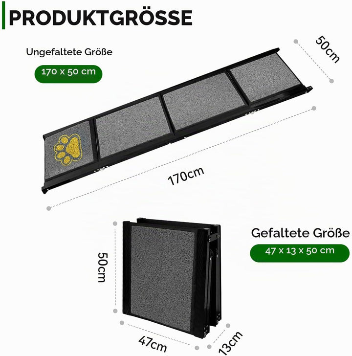 Hunderampe Auto Klappbar 170 x 50 cm Grau, mit Rutschfester Teppichoberfläche, bis 70 kg, Leicht Alu