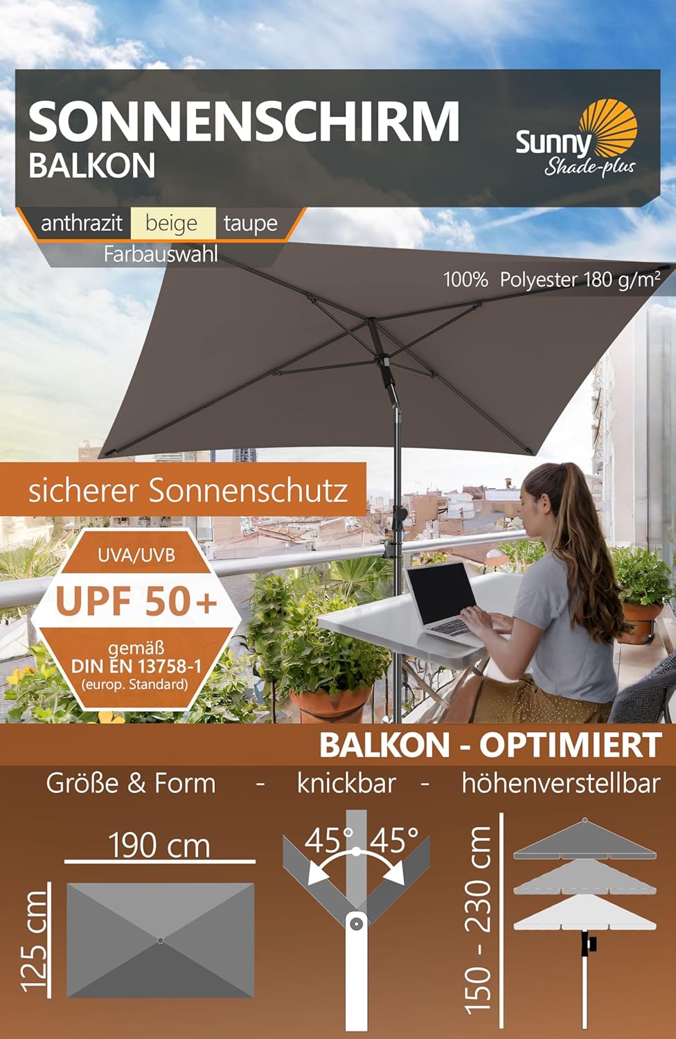 4smile Sonnenschirm Balkon SunnyShade Plus, Sonnnenschutz Balkon SET 3-in-1, Anthrazit - UV50+ Sonne