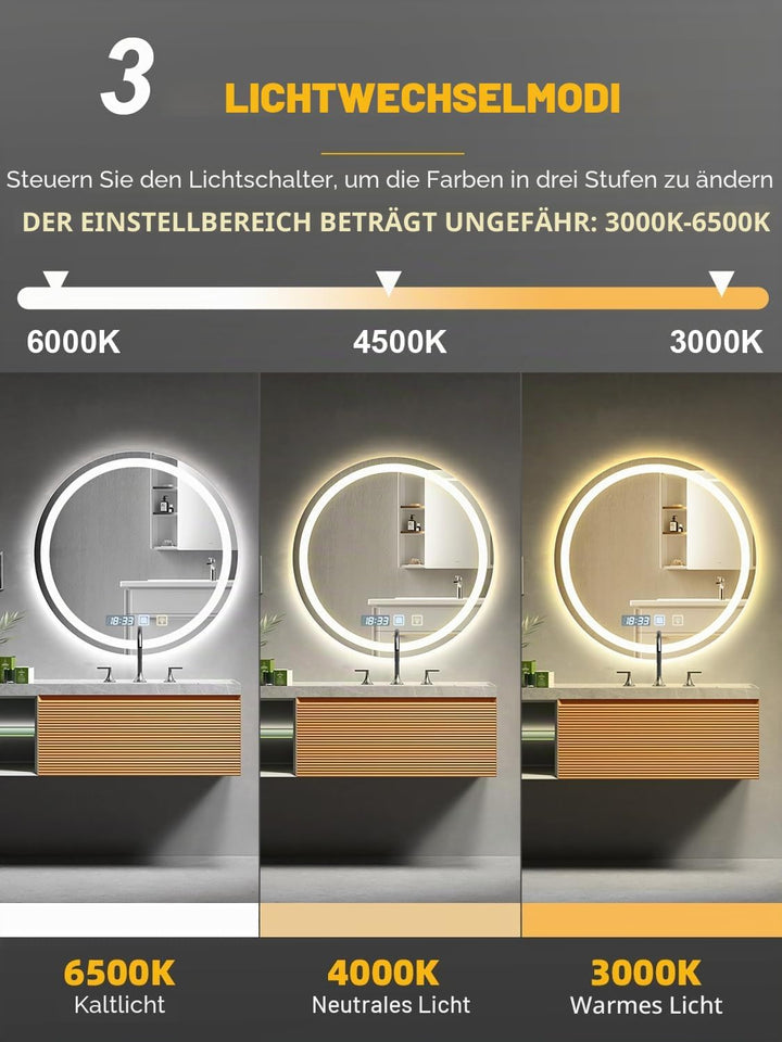 Bellanny Runder Badspiegel mit Beleuchtung, 60cm Wandspiegel Badezimmerspiegel mit Beleuchtung, LED