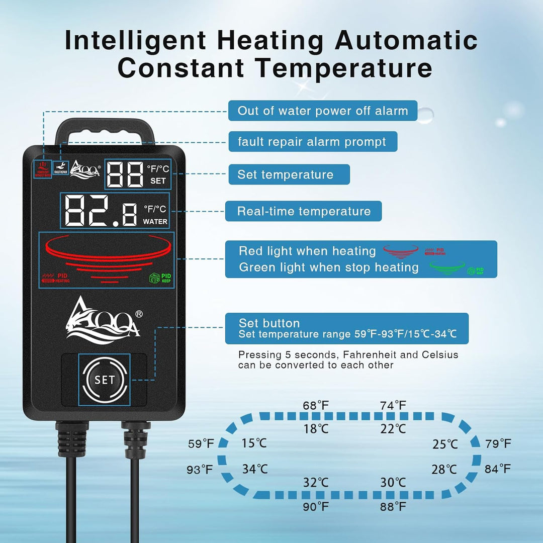 AQQA Aquarium Heizung, 300W/500W/800W/1000W/1200W Tauchheizung für Aquarien mit LED-Digitalanzeige &