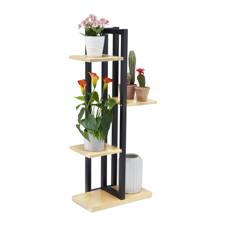 Relaxdays Blumenregal Metall, 4-stufige Indoor Blumentreppe, Holzoptik, HxBxT: 93x42,5x22,5 cm, Pfla