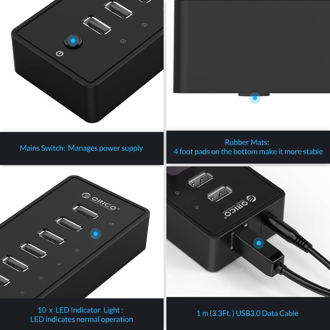 ORICO USB 2.0 Hub 10 Ports mit Netzschaltern und Netzteil 30W (12V2.5A), 480 Mbps Speed Datenhub für
