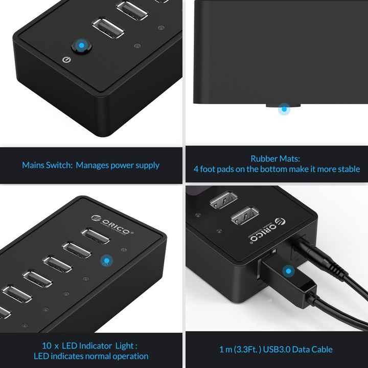 ORICO USB 2.0 Hub 10 Ports mit Netzschaltern und Netzteil 30W (12V2.5A), 480 Mbps Speed Datenhub für
