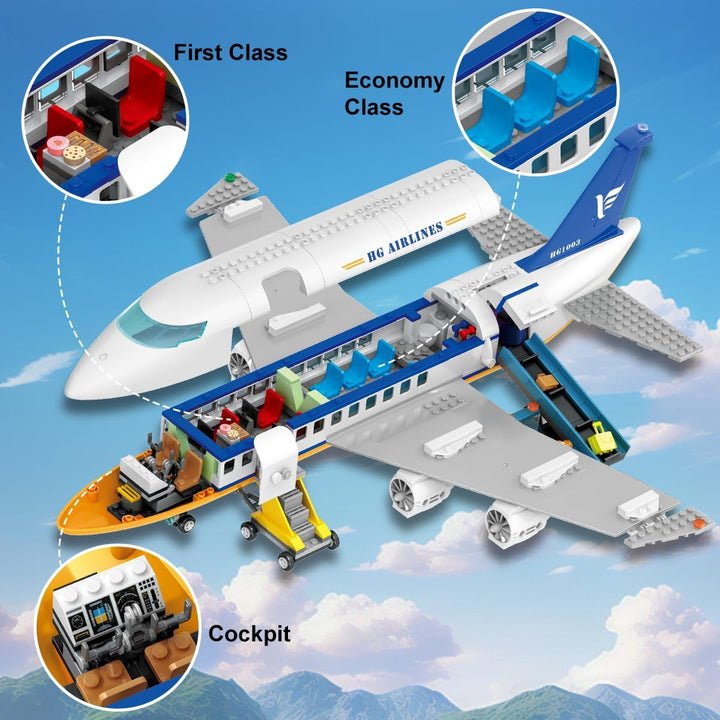 901PCS Flughafen Bauspielzeug | Grosses City Passagierflugzeug Bauset mit LED-Licht, 2 Gepäckwagen,