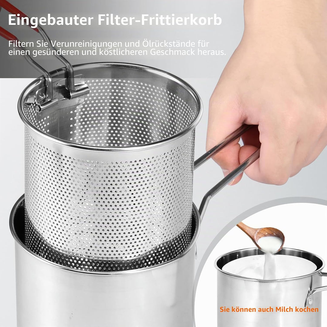 Fritteuse mit Korb, 304 Edelstahl, Fritteusentopf mit Siebkorb, 1200 ml, Mini-Ölfritteuse mit Griff,