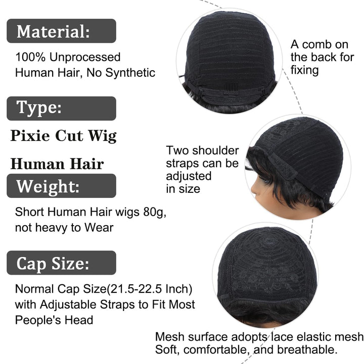 Echthaarperücke Kurzer Pixie-Cut Schwarzer Bob Perücken für Frauen Kleberlos geschichtet Keine Lace