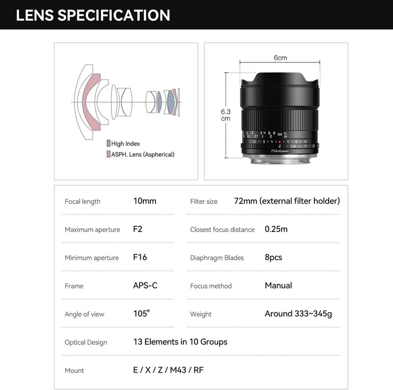 TTARTISAN 10mm F2.0 APS-C ASPH. Ultraweitwinkel Kameraobjektiv Manueller Fokus Tragbares Objektiv fü