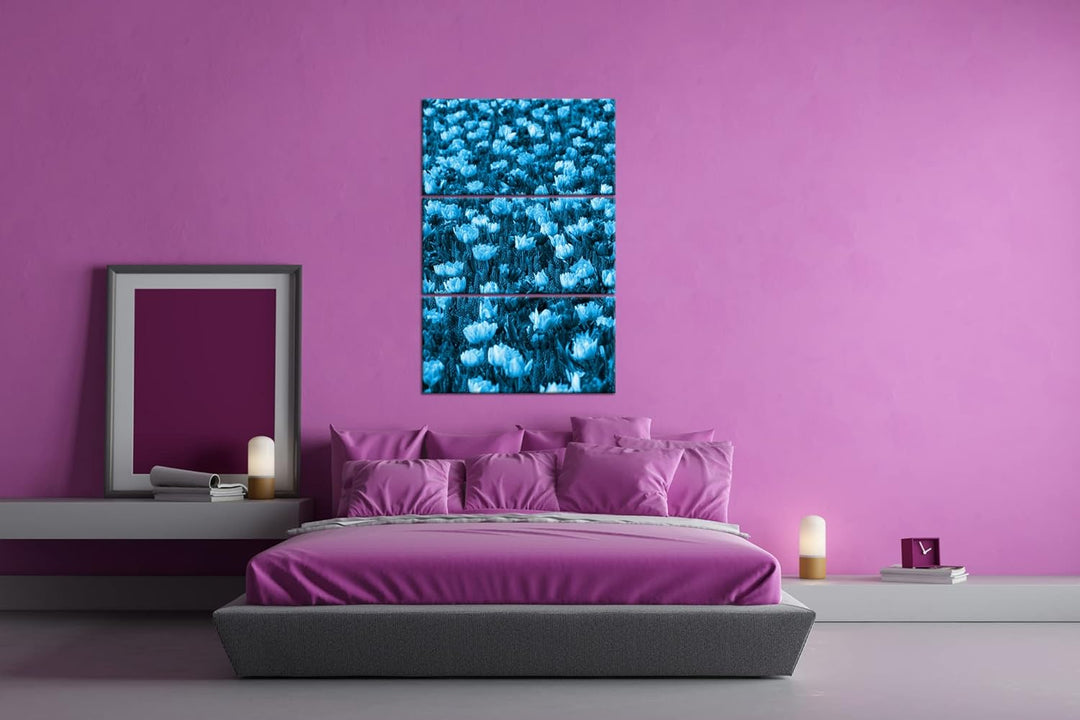buntes Blumenfeld Effekt: Zeichnung Format: 3-teilig 120x80, Motiv fertig gerahmt auf Echtholzrahmen