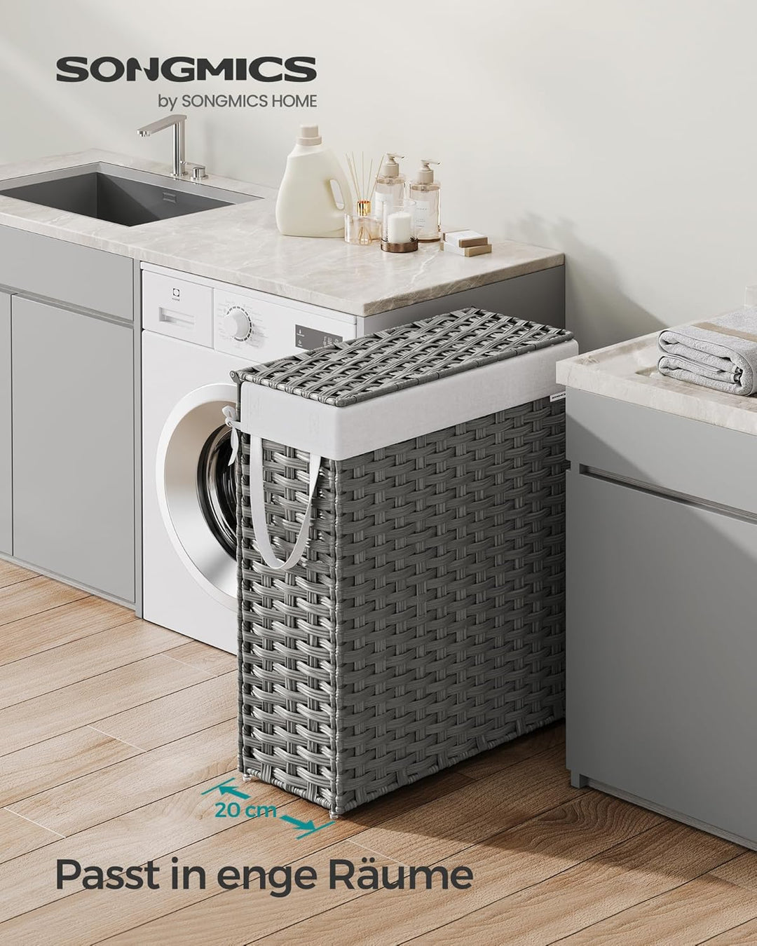 SONGMICS Wäschekorb schmal, Wäschesammler 55 L, Wäschebox aus synthetischem Rattan, mit Deckel und G