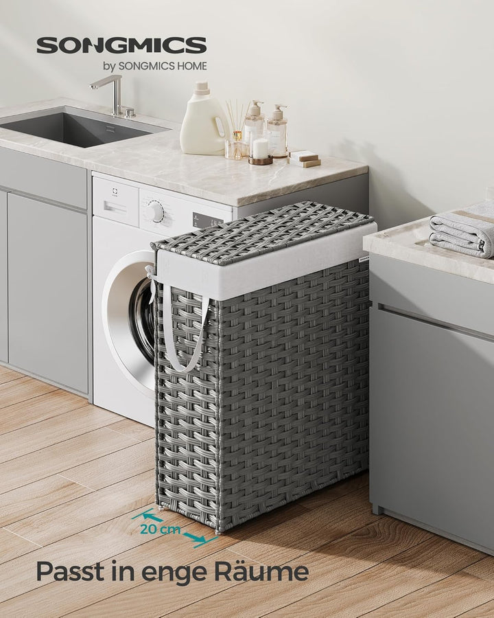 SONGMICS Wäschekorb schmal, Wäschesammler 55 L, Wäschebox aus synthetischem Rattan, mit Deckel und G