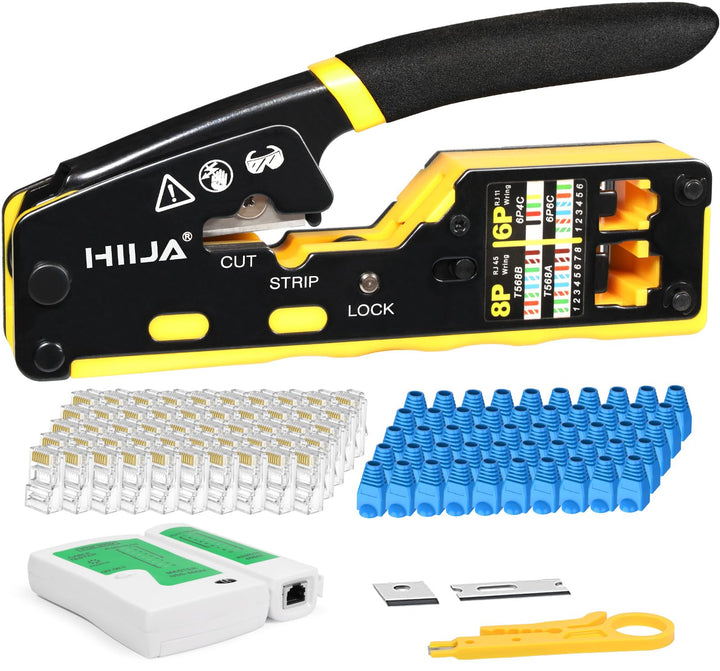 Hiija Crimpzange RJ45 - RJ45 Crimpwerkzeug Set, Cat5 Cat5e Cat6 Crimpzange für RJ11/12 6P/8P, 50 Stü