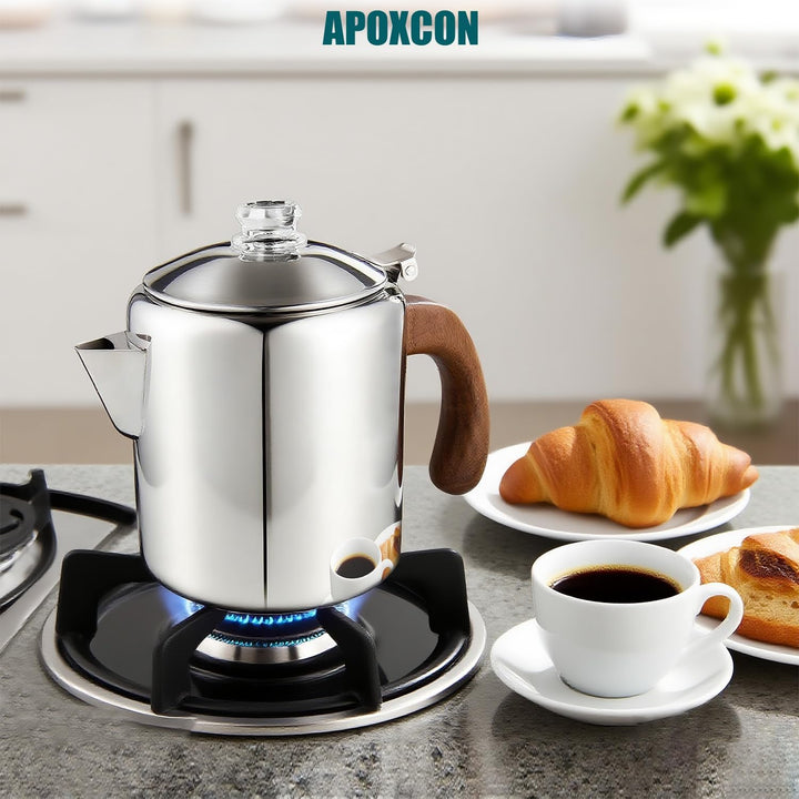 APOXCON Edelstahl-Kaffeekanne aus Edelstahl mit feuerfestem Holzgriff &amp; sichtbarem Brühknauf für all