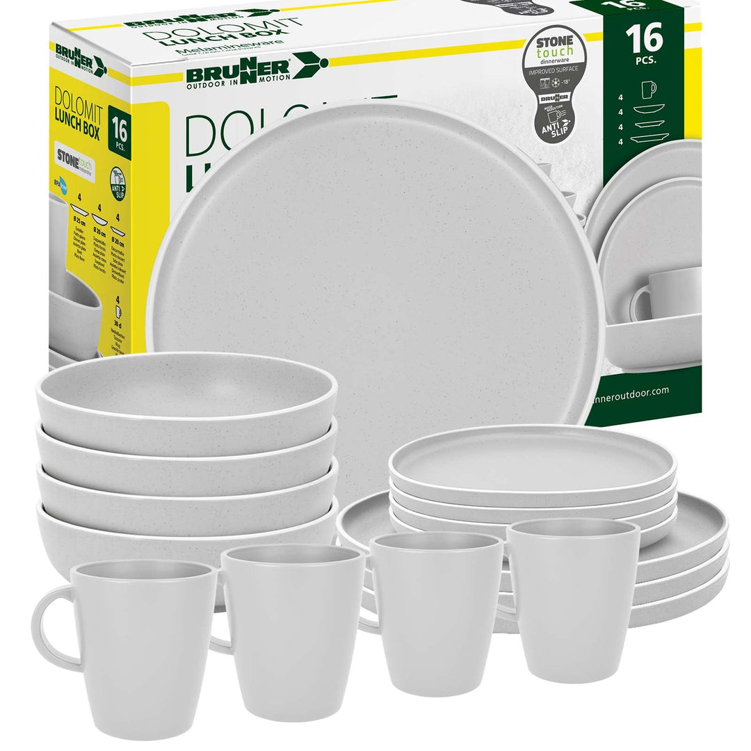 BRUNNER: Melamin Geschirr-Set Camping | 16-Teilig - Teller & Kaffe-Becher für 2-4 Personen | DOLOMIT