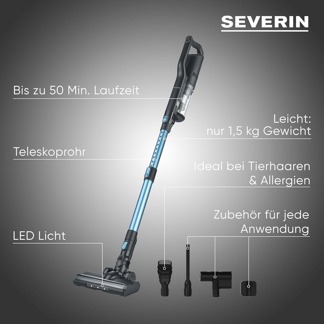 SEVERIN Kabelloser Akku Staubsauger S’Power Slim, höhenverstellbares Saugrohr, LED-Beleuchtung, 50 M