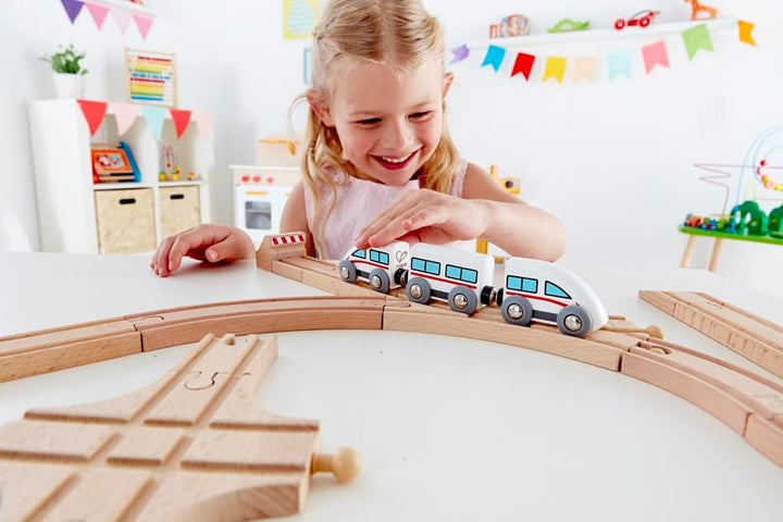 Hape Mechanische Y-Eisenbahnschienen 2 Stück Holz - Robustes Erweiterungsset für Holzeisenbahnen, kr