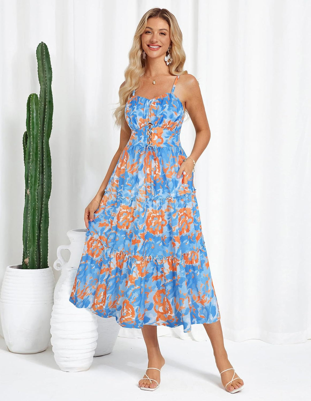GRACE KARIN Damen Sommerkleid A-Linie Blumenkleid Casual Strandkleid Trägerkleid Midi Boho Kleid Fre