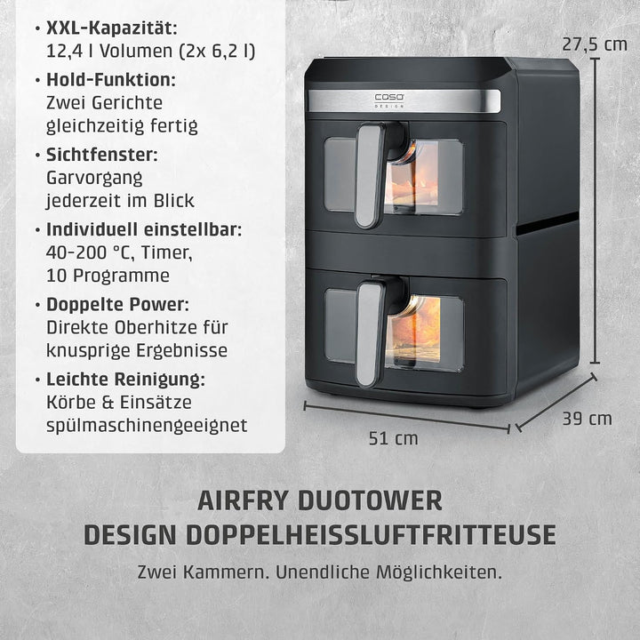 CASO AirFry Duo Tower, Doppel-Heissluftfritteuse, AirFryer, 12,4L (2x 6,2 L) vertikal, individuell e