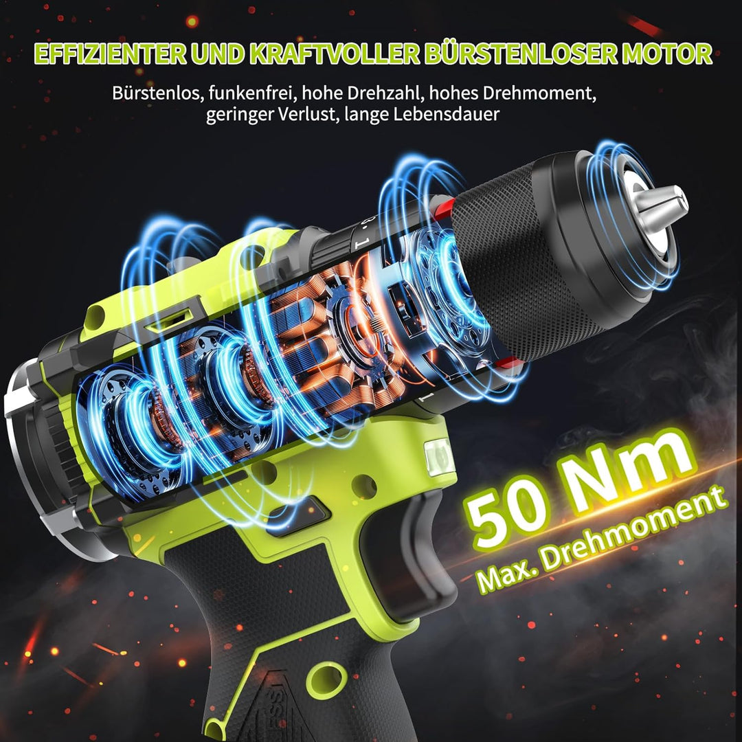 16.8V akkuschrauber klein, Akku bohrmaschine mit 2*2000 mAh Akkus, 50N.m max bürstenloses akkubohrer