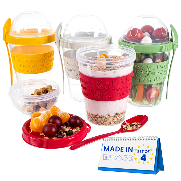 spar-home® 4er Set Joghurtbecher To Go 600ml –Müslibecher To Go mit Löffel Müsli To Go Becher mit De