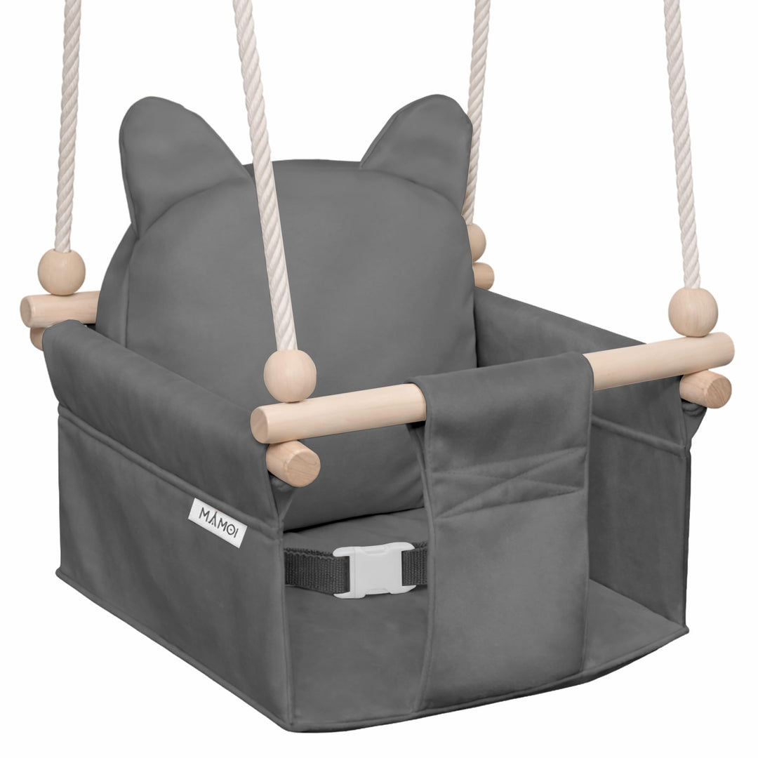 MAMOI® Babyschaukel Kinderschaukel Holz + SICHERHEITSGURT, Schaukel für Kinder Garten Indoor Outdoor