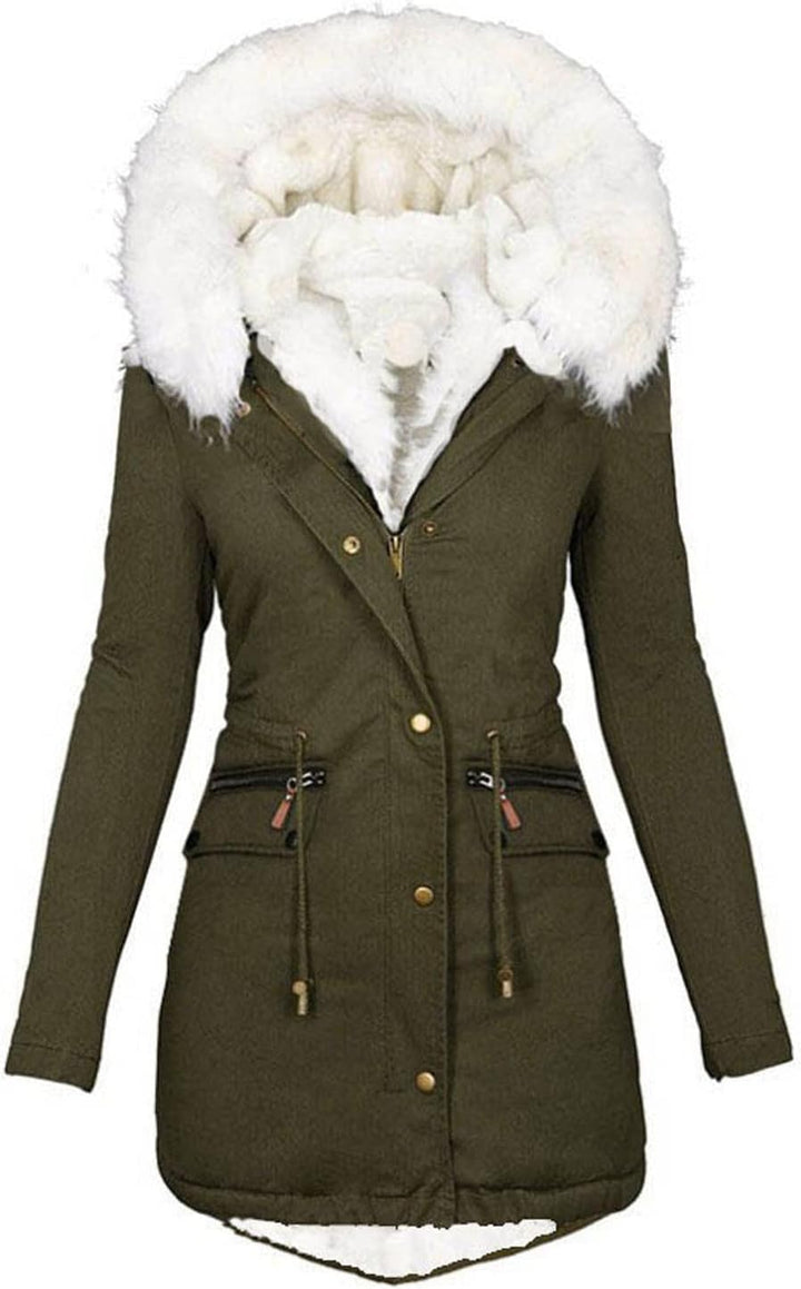 EMATOP Wintermantel Damen Warmer Lang Jacke Baumwolle Einfarbig Wanderjacke mit Kapuze Wintermantel