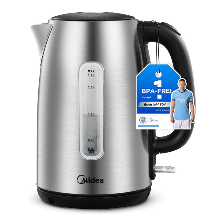 Midea Wasserkocher Edelstahl 1.7L, BPA-freier Wasserkocher, 2200W Schnellkochfunktion, Kettle mit Wa