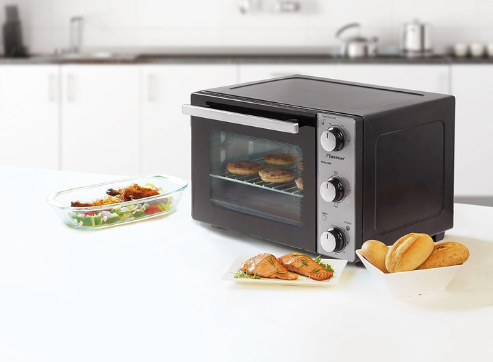 Bestron AOV20 Kompakter Mini-Backofen mit Ober-/Unterhitze, 20 Liter, 1300 W, Edelstahl, Schwarz 20