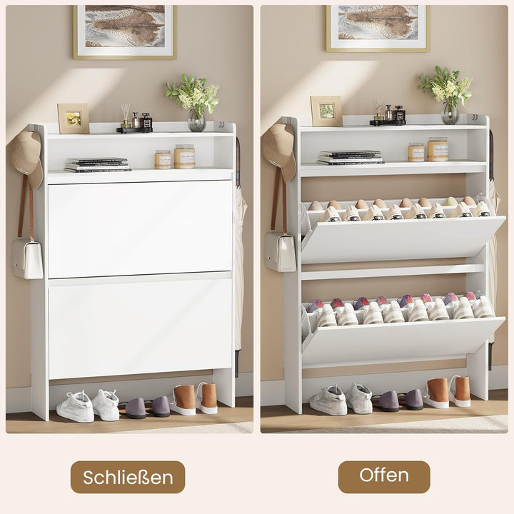 Asgolion Schuhschrank 2 Klappen, Schuhregal, offenes Fach, Schuhkommode Schuhregal mit Trennwände ve