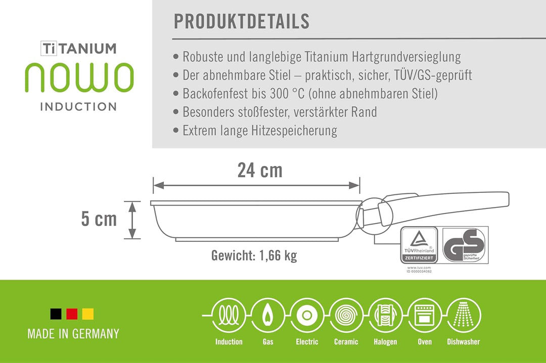 Woll Nowo Titanium Flachpfanne - Induktiv -, Ø 24 cm, 5 cm hoch, mit abnehmbarem Stiel - Geeignet fü