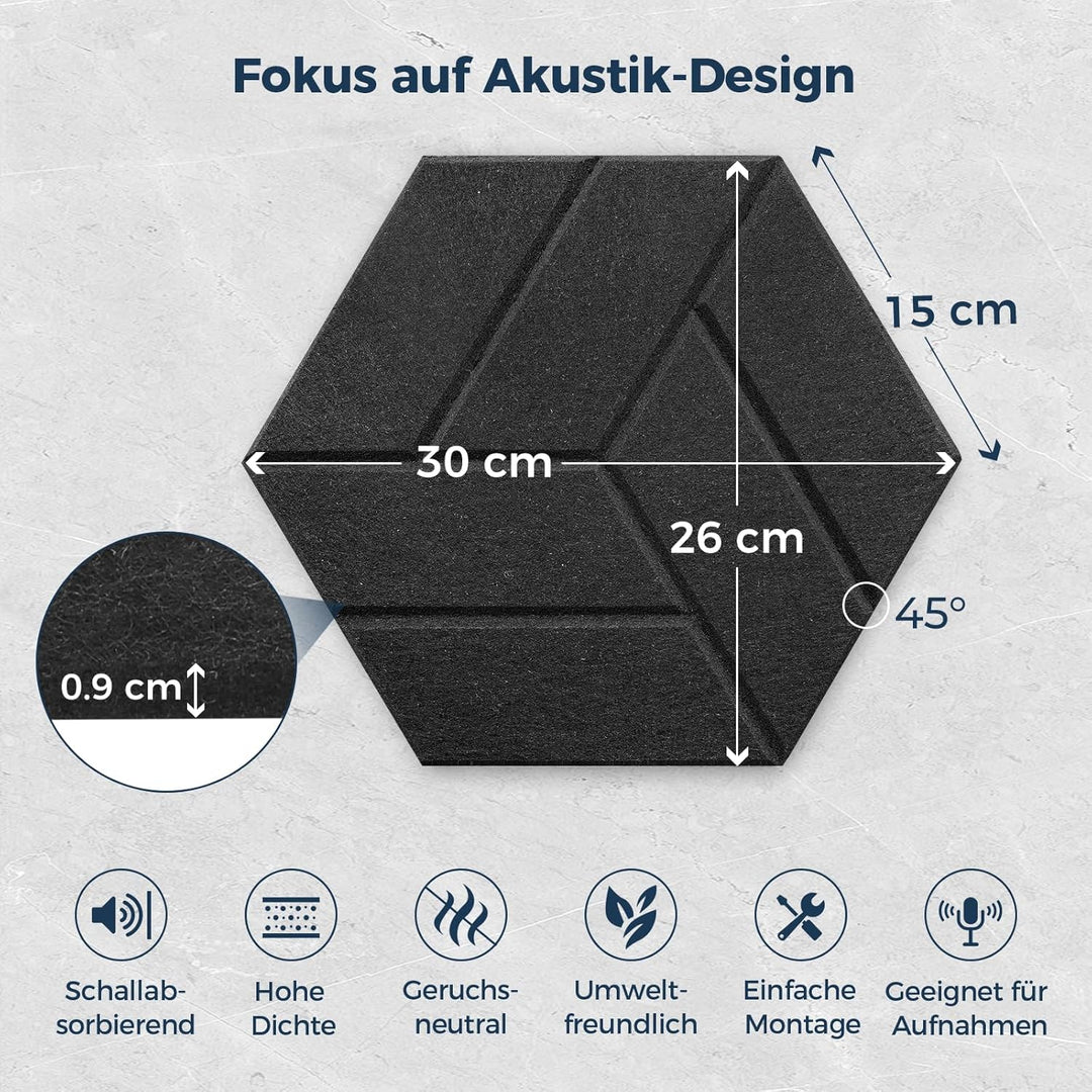 12 Stück Hexagon Akustikplatten Selbstklebend, 30 x 26 x 0,9 cm Hohe Dichte schallabsorber wand, Sch