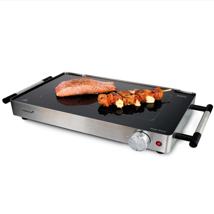 Korona 46100 Glas-Tischgrill | 2 in 1 Tischgrill und Warmhalteplatte | 800 Watt | Edelstahlgehäuse |