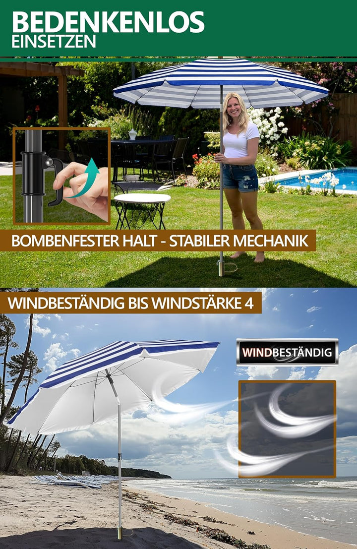 4smile Sonnenschirm Strand 3-IN-1 SET mit Rasendorn, Ø 180 cm, Blau-Weiss | Strandschirm windfest st