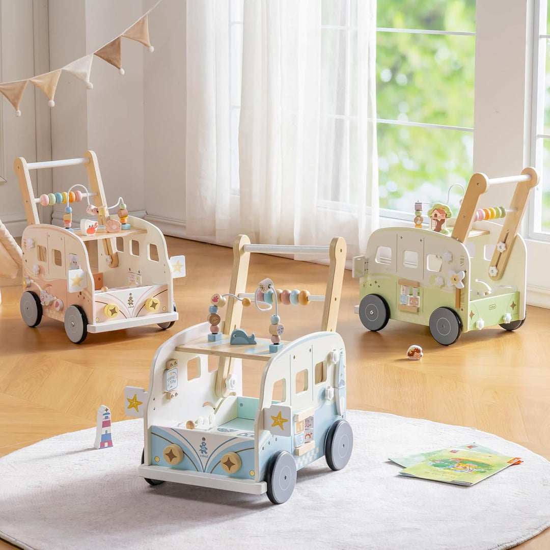 ROBUD Baby Lauflernhilfe Holz, Interaktiver Lauflernwagen, Einstellbare Geschwindigkeit & Höhe Baby