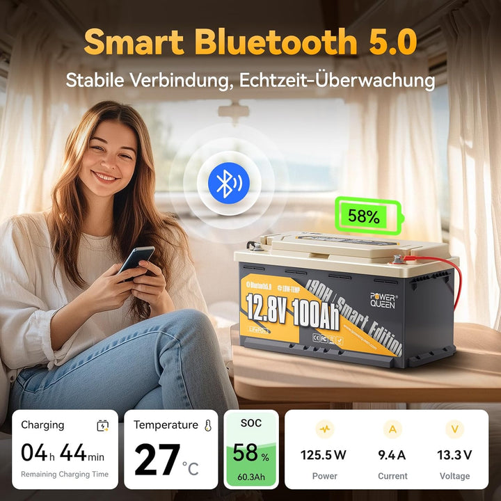Power Queen 12V 100Ah H190 LiFePO4 Bluetooth Untersitzbatterie, 1280W Deep Cycles Lithium Batterie m