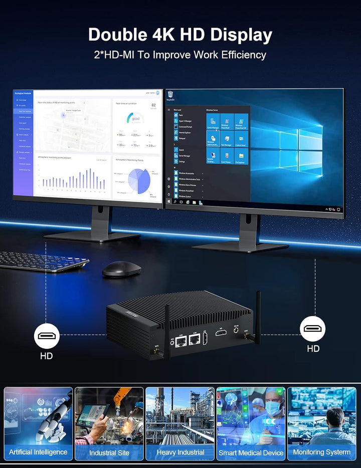 HYSTOU Lüfterloser Industrie Mini PC i5 7300U, Fanless Mini PC 16GB Ram DDR4 512GB SSD 4K Doppel Dis