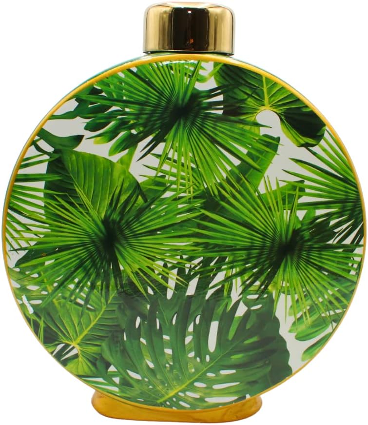 Hochwertige runde Keramik Vase mit goldenem Deckel, grüne Blätter und goldenen Akzenten, Grösse: H/Ø