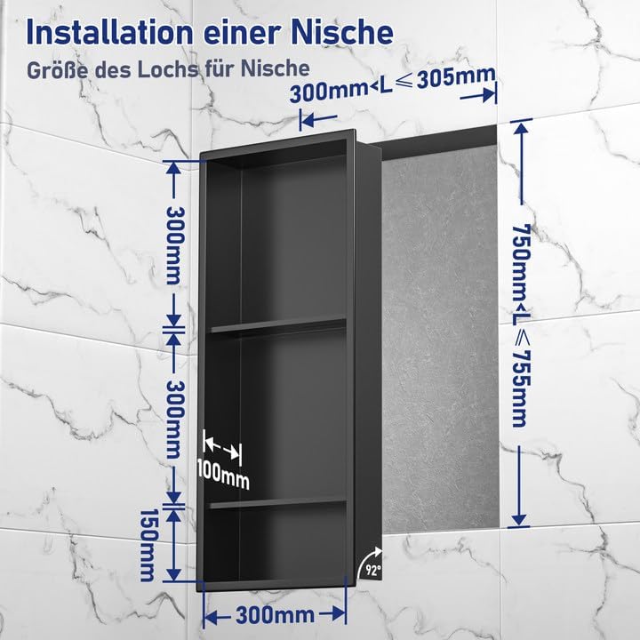 Edelstahl Duschnische 75 X 30 cm Mattschwarze Nischendusche Ohne Keramikfliese Wandnische, Mit Trenn