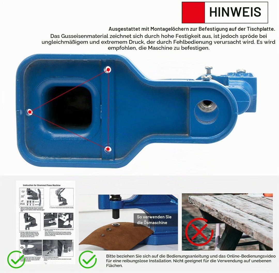 FreeTec Handpresse Maschine Ösenstanze Nietenpresse Druckknopfpresse Handpresse Nieten Ösen, 3 austa