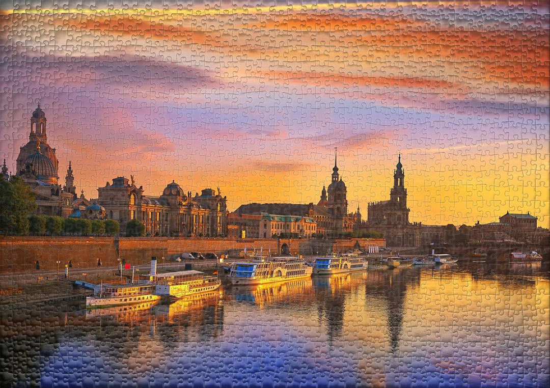 Ulmer Puzzleschmiede - Puzzle „Dresden am Abend“ - Klassisches 1000 Teile Städtepuzzle – Stimmungsvo