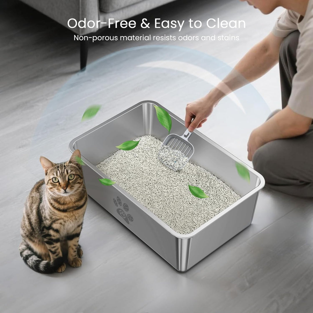 PTLOM Edelstahl Katzenklo, Katzentoilette aus Metall, Spritzwassergeschützt, Geruchsfrei und Antihaf