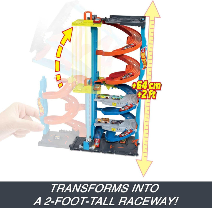 Hot Wheels City Trackset mit 1 Auto, 2-in-1-Rennturm, von Einzelbahn in zweispurige Rennbahn umwande