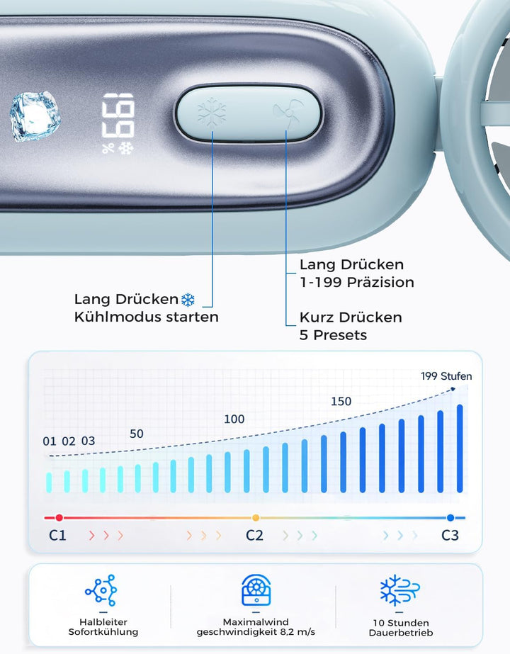 MAGIC JOHN Mini Ventilator mit Kühlung, 199 Lüfterstufen, bis zu 11h Laufzeit, USB-C Akku aufladbar,