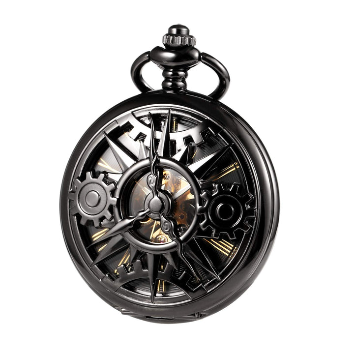 TREEWETO Unisex Taschenuhr mit Kette Analog Handaufzug Doppelscharnier Mechanisch Getriebe Skelett F
