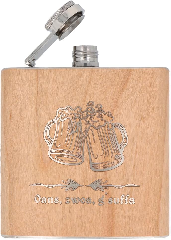 Spruchreif | Flachmann "Oans, zwoa, g’suffa" mit Bierkrug-Motiv | Gravierte Edelstahl-Hip Flask | 17