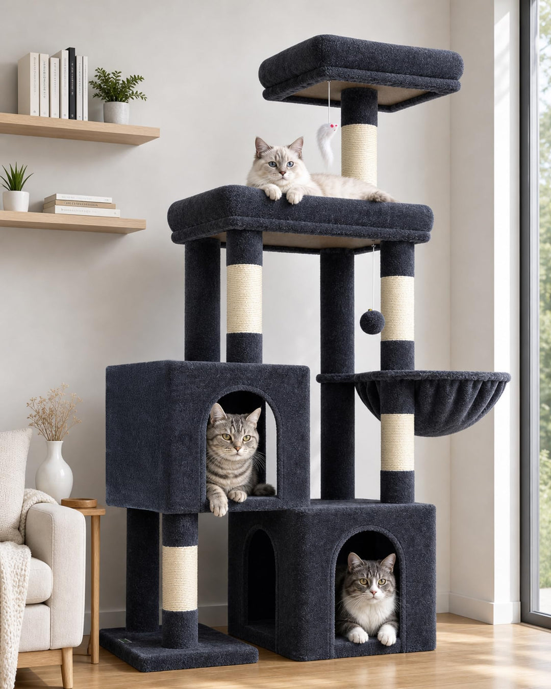 Globlazer Kratzbaum mit 2 Katzenhaus, Grosse Gepolsterte Plattform, Sitzstangen, Katzenkorb, Stable