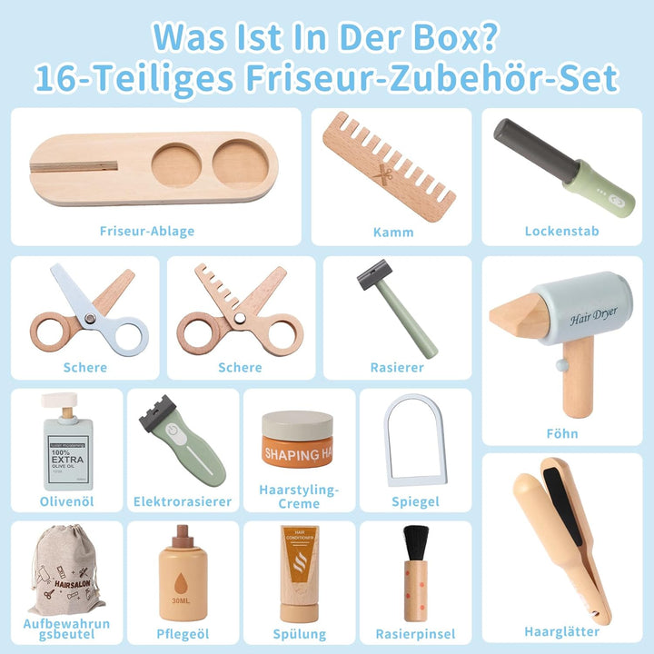 FIIOEOY Holz Friseur Set Kinder mit Haartrockner Lockenstab Haarstyling Rasierzubehör Salon Friseur