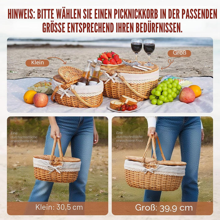 Happypicnic Picknickkorb aus Weidengeflecht mit Griff, 38,1 cm grosser, leerer Picknickkorb mit Deck