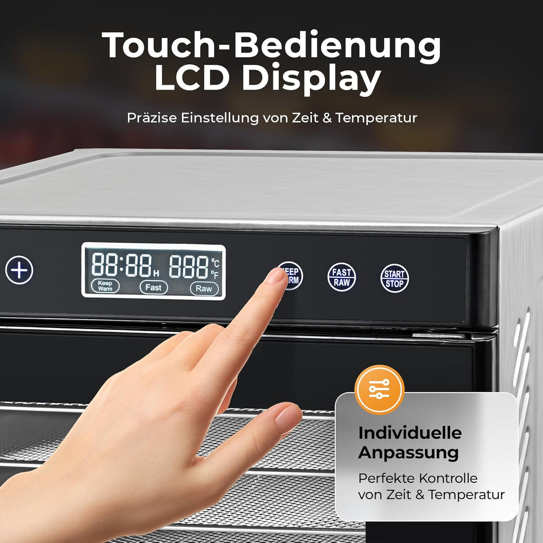Balter Dörrautomat Edelstahl, Dörrgerät mit 10 Einlegefächern, BPA-frei, 700W, 8400 cm² Dörrfläche,