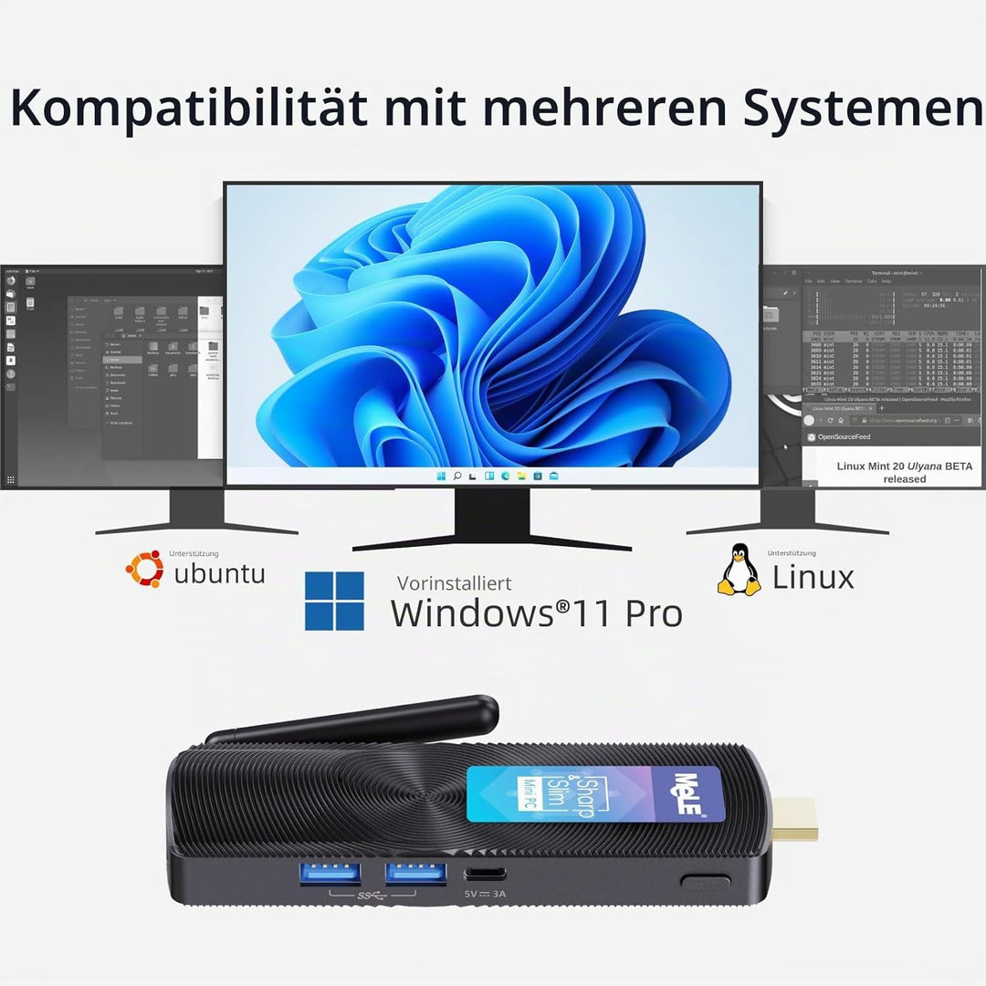 MeLE PCG02 Lüfterloser Mini-PC-Stick, Celeron N4000 4GB 128GB mit Windows 11 Home Micro-Desktop-Comp